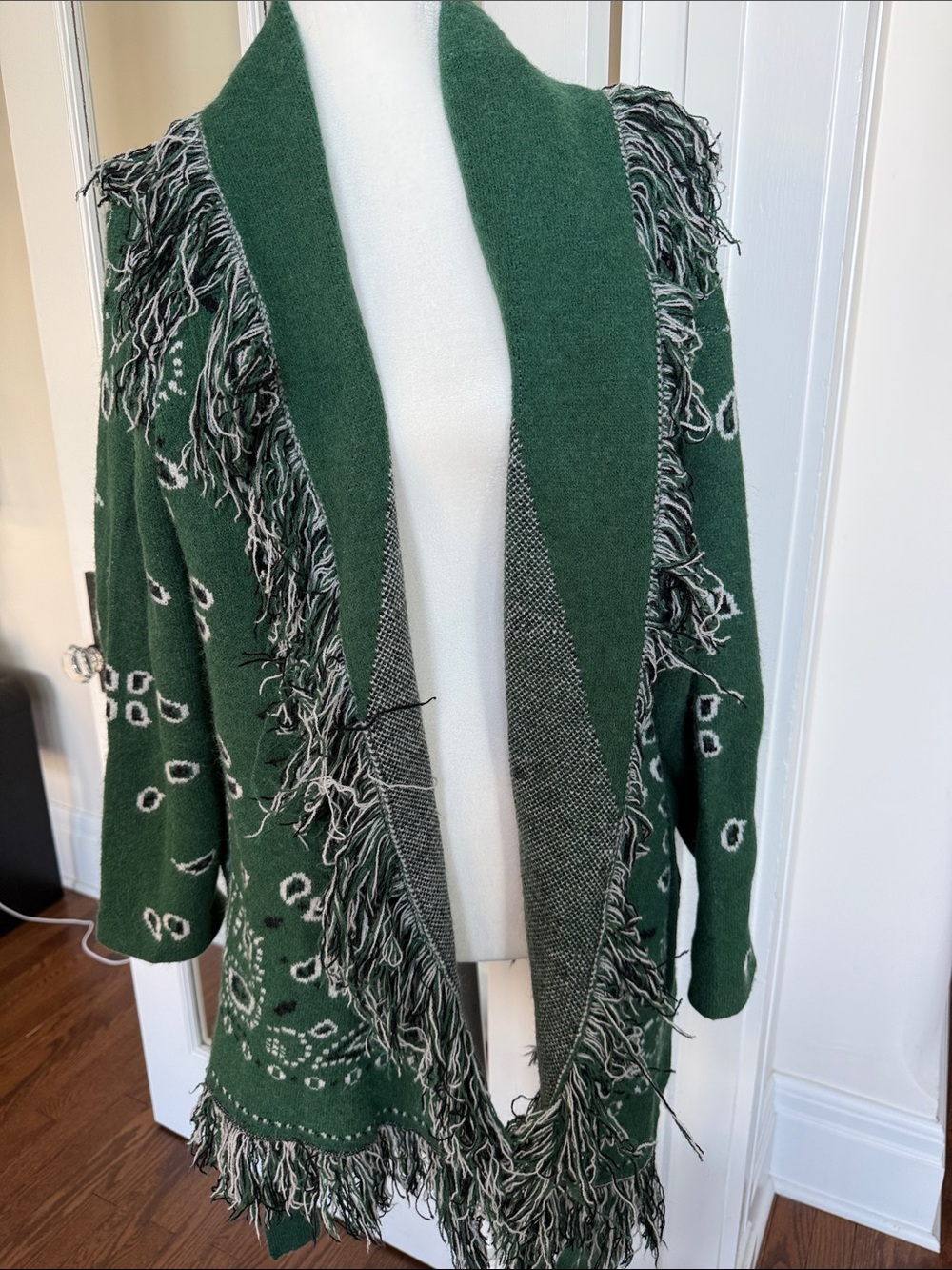 Sugarlips Forest Green Fringe Wrap Cardigan with White Pattern - Picture 5 of 7